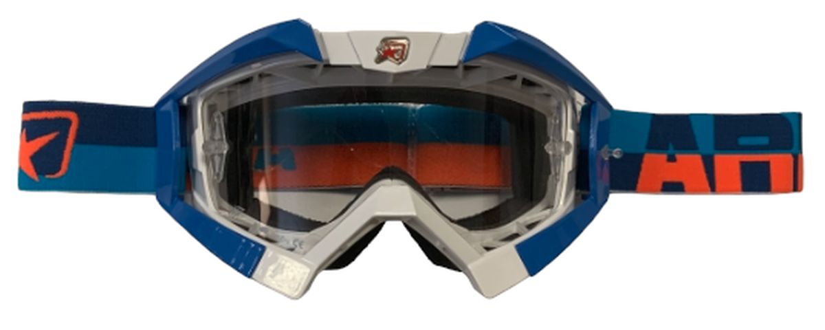 ARIETE GOGLE RIDING CROWS BASIC , SZYBKA ANTI FOG, ANTI SCRATCH, UV, ROLL-OFF READY, GĄBKA 2 WARSTWOWA BIAŁY/NIEBIESKI/POMARAŃCZOWY
